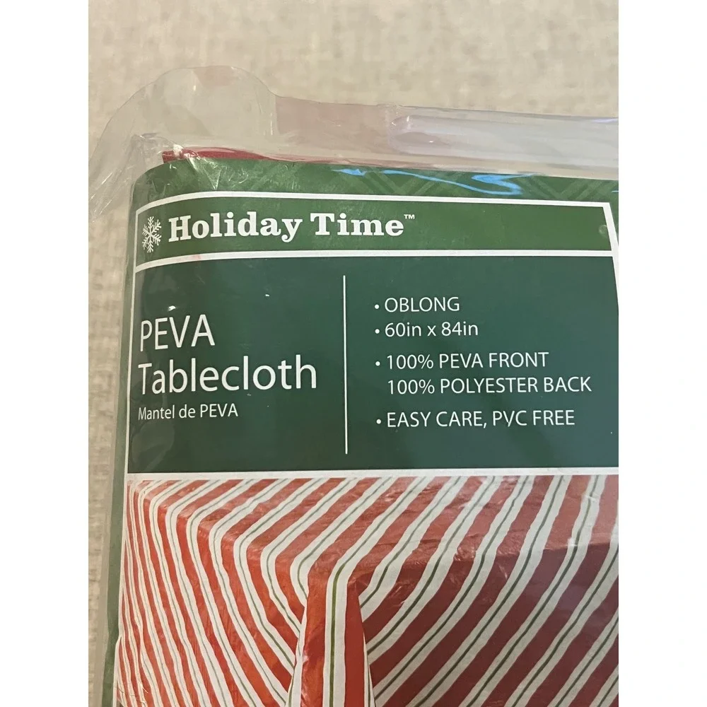 Holiday Time PEVA‎ Tablecloth Red Green White Stripe Oblong 60x84 Christmas NEW